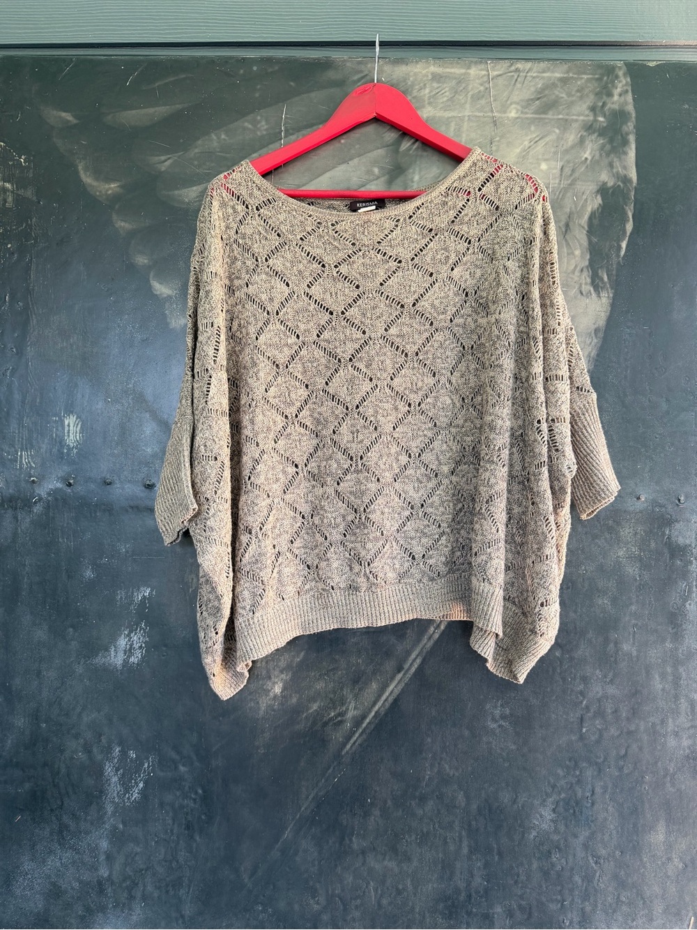 Kerisma Light Taupe Open-Knit Crewneck Short Sleeved Sweater